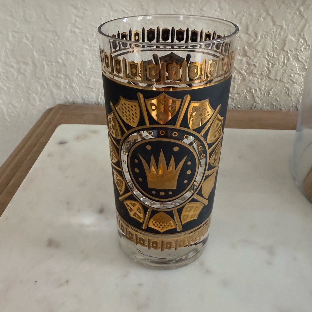 Vintage Set of MCM Regalia Crown Shield Highball Glasses Metallic Gold Black